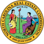 North Carolina Real Estate Commission Crest with two individuals sitting on a river side with a cornucopia and April 12 1776 date.